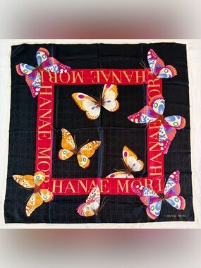 Hanae Mori Black Silk Scarf Vibrant Butterfly and Logo Border